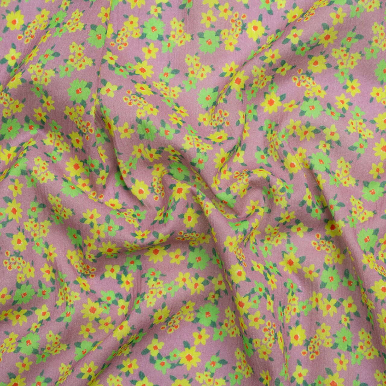 1 Yard Yellow Green and Lavender Crinkled Cotton Gauzy Woven Floral Fabric